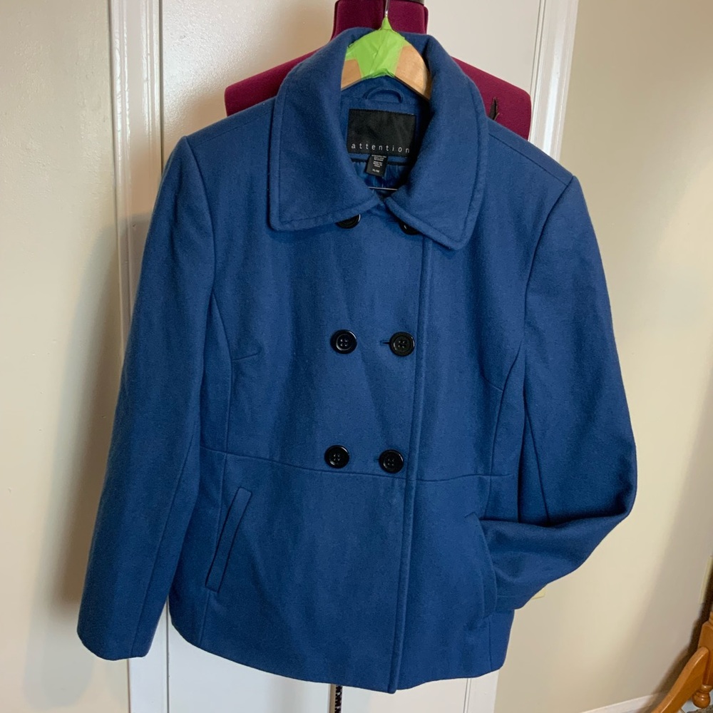 Like New Condition Attention Wool Blend Blue Pea Coat Flare Ruffle Back Women’s